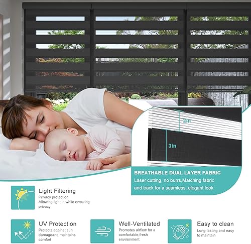 Miniatura 2 de Changshade RBS40BK72A - Persiana enrollable sin cordones estilo cebra con cajón, dos capas de malla y tela opaca para el día y la noche, 40pulgadas
