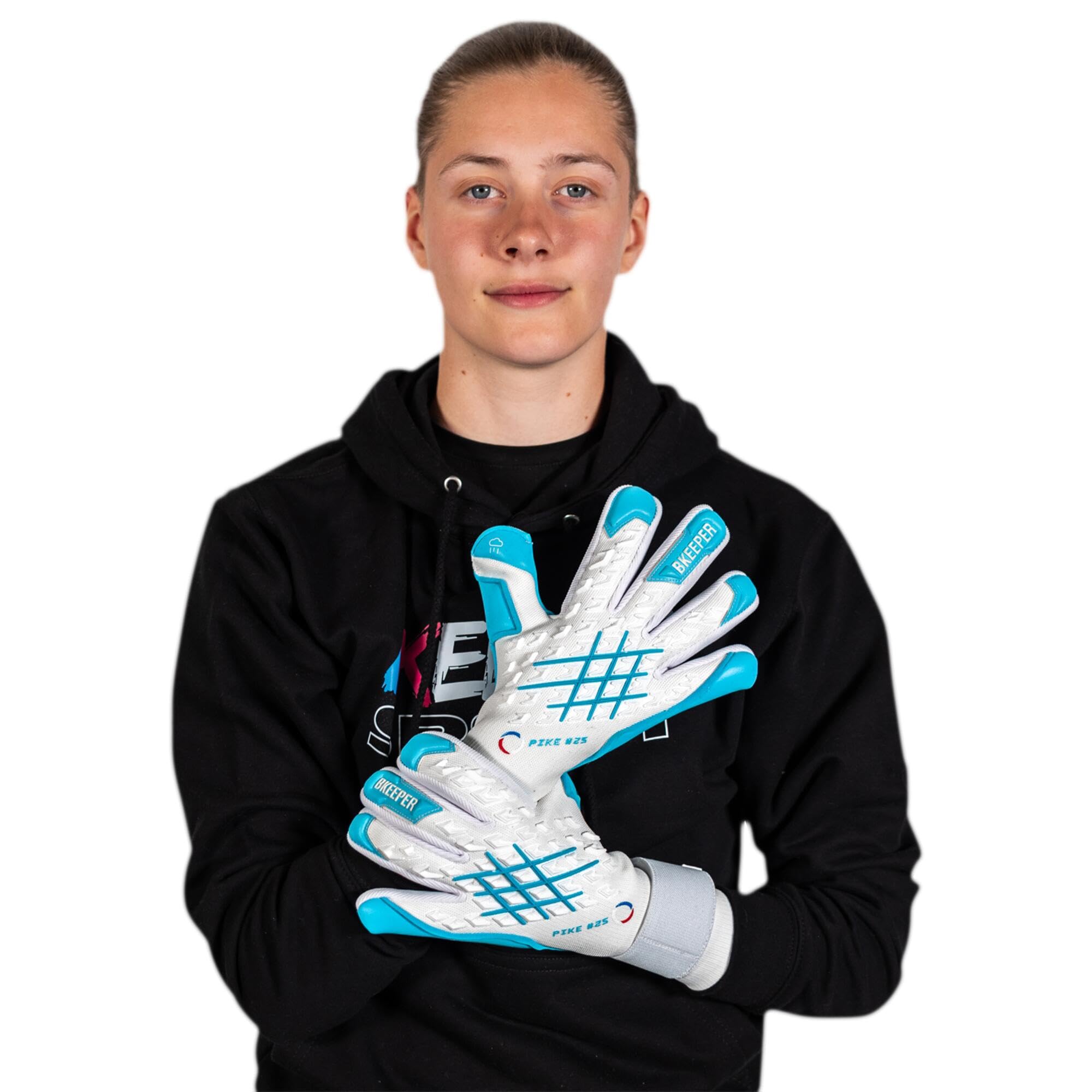 Gants de Gardien Pike #25 Aqua, Blanc et Bleu, Coupe Négative, Mousse Contact