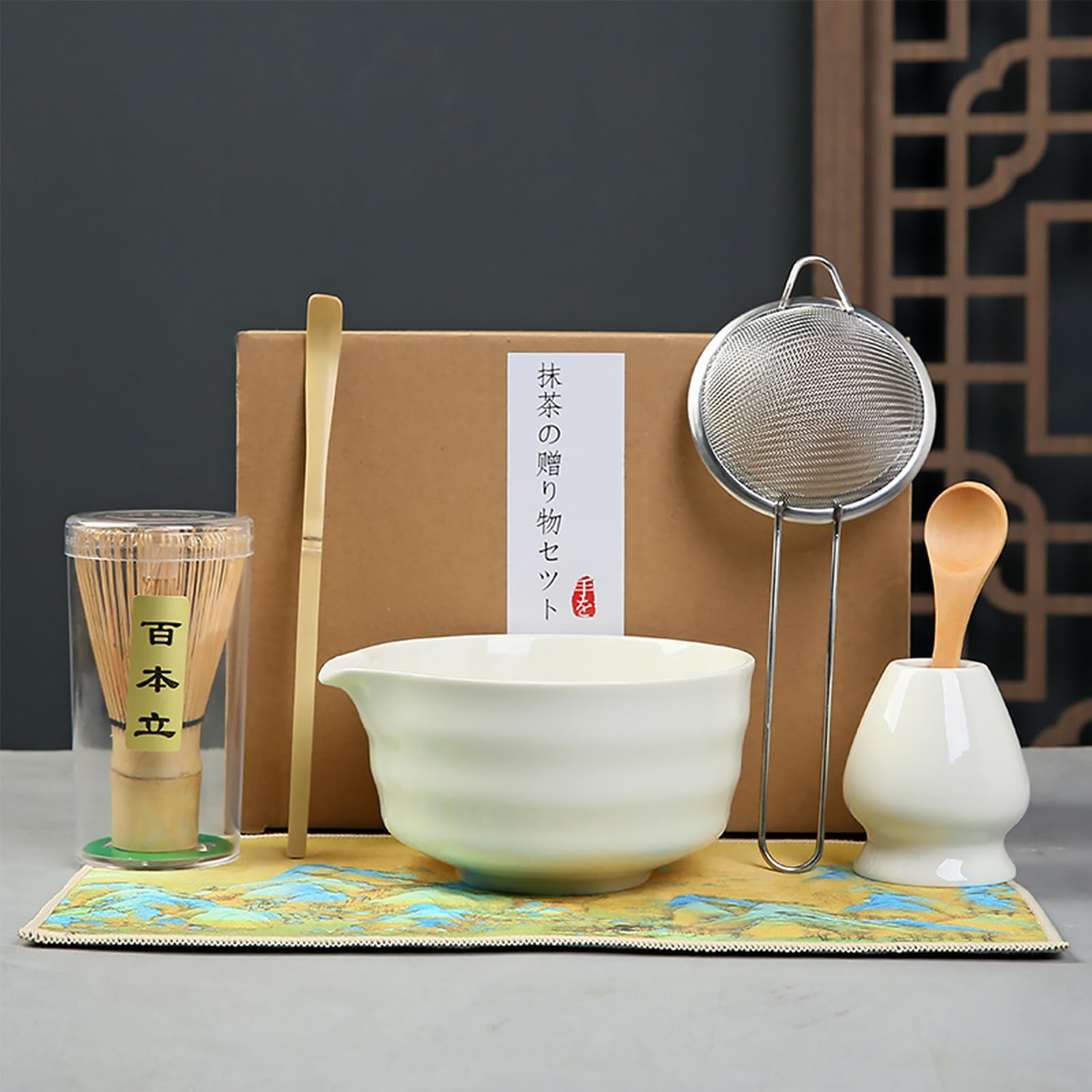 Japanisches Matcha-Set für Zeremonien, 7-teilig, Schüssel, Schneebesen, Löffel, Sieb, Schneebesen und Löffel, komplettes Matcha-Set, ideal für Zuhause und als Geschenk (weiß)