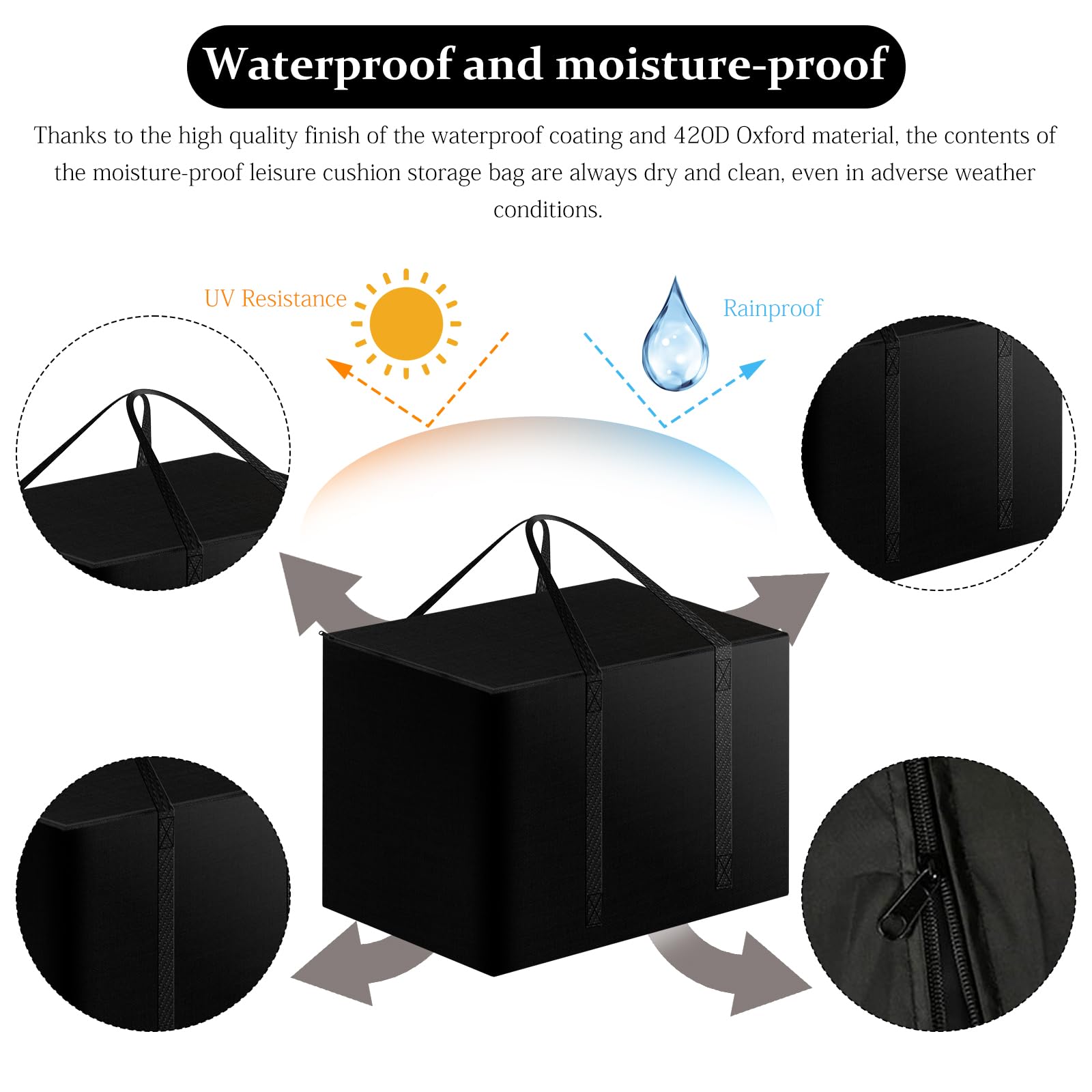 Sac de Rangement pour Salon de Jardin: Organisateur de Coussins de Meubles D'extérieur Imperméable, Rangement pour Coussins de Jardin en Tissu Oxford 420D, avec Poignée, 80x80x60cm, Noir
