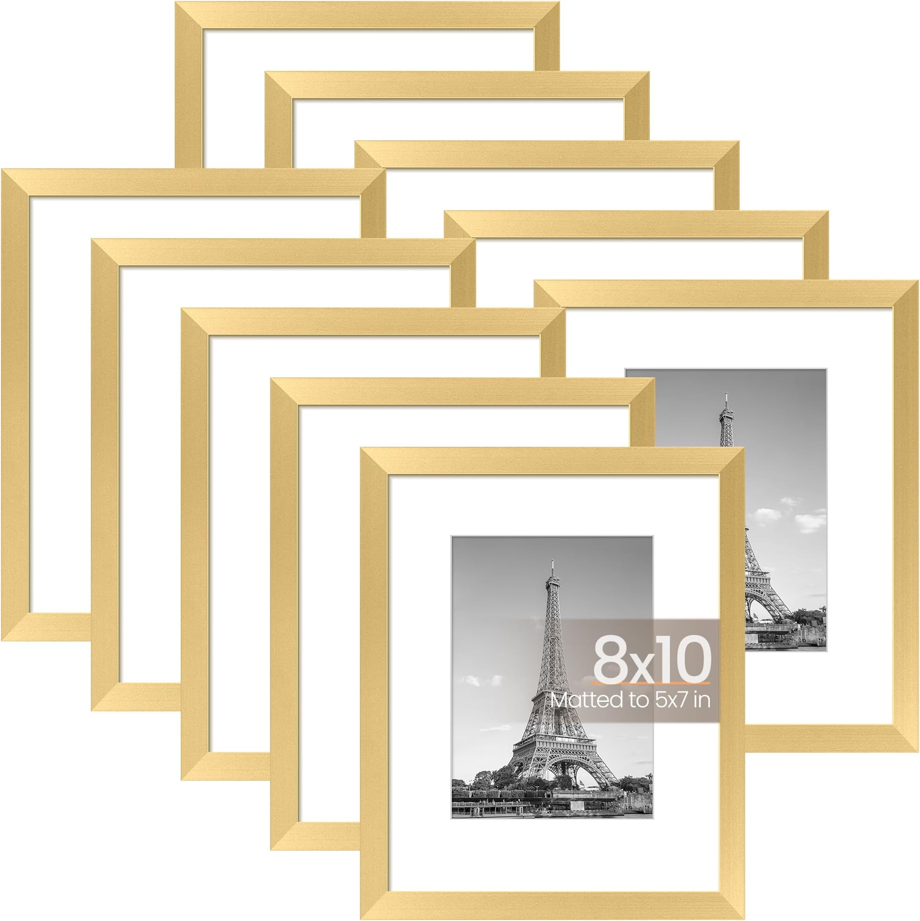 upsimples8x10 Picture Frame Set of 10, Display Pictures 5x7 with Mat or 8x10 Without Mat, Multi Photo Frames Collage for Wall or Tabletop Display, Gold