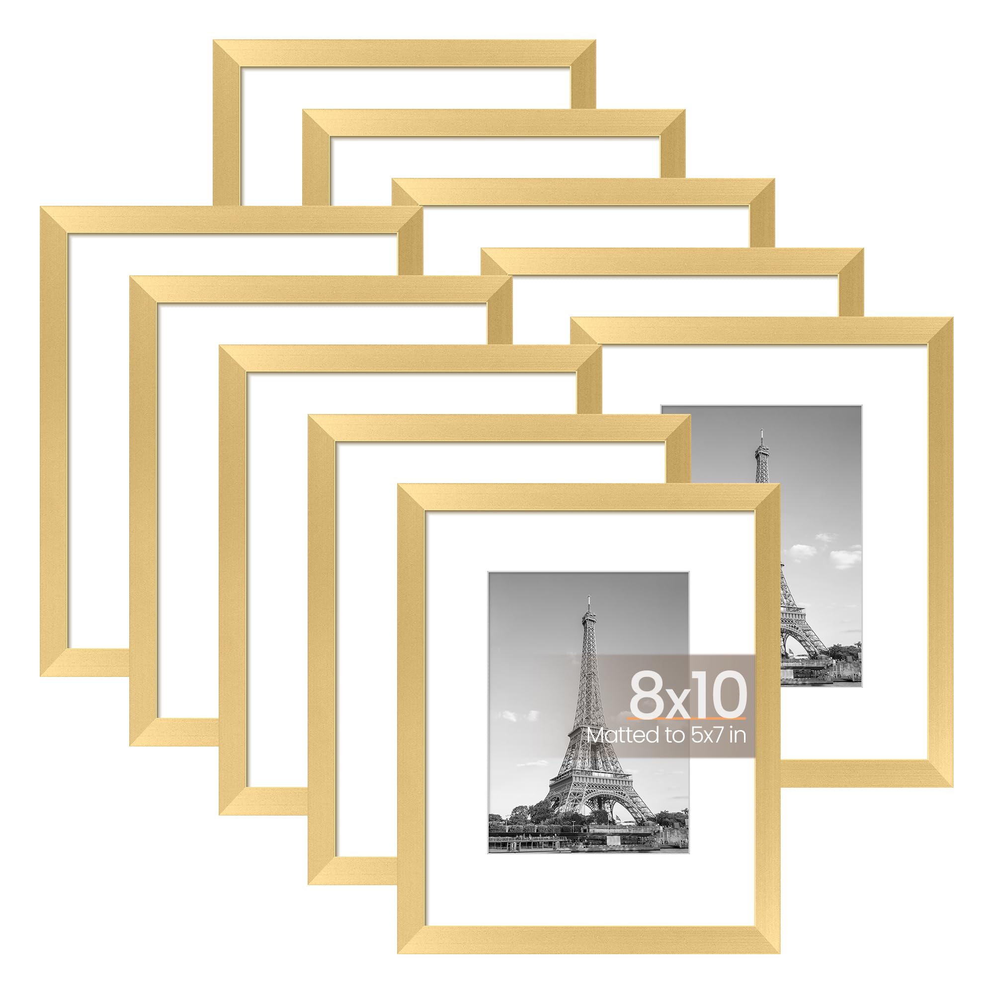 upsimples8x10 Picture Frame Set of 10, Display Pictures 5x7 with Mat or 8x10 Without Mat, Multi Photo Frames Collage for Wall or Tabletop Display, Gold