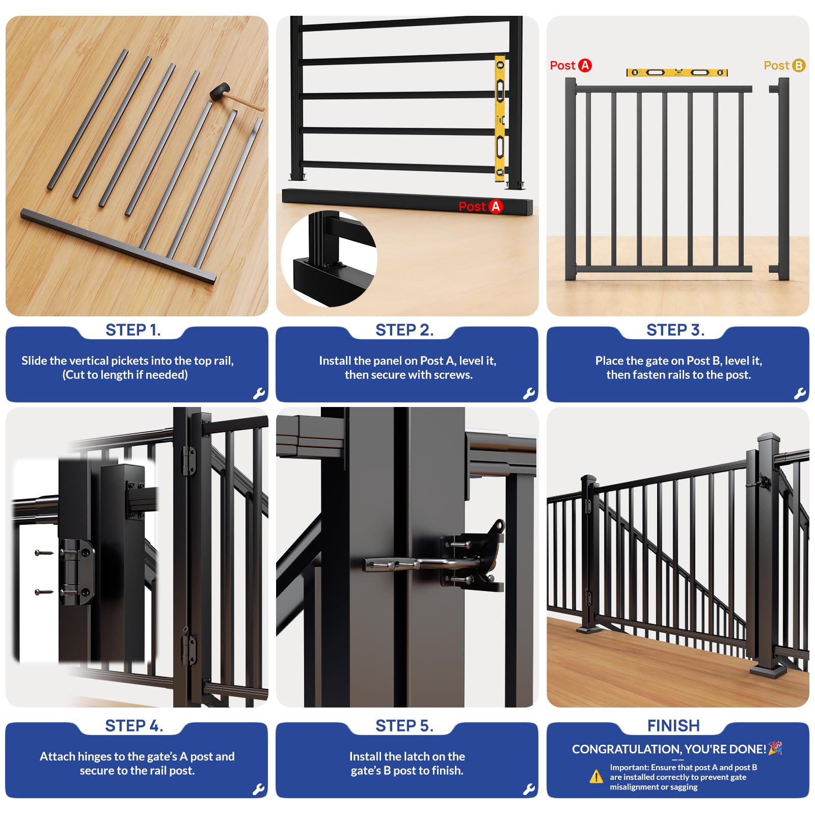 Aluminiowy zestaw bram pokładowych 1,2 m do balustrady 91 cm, możliwość przycięcia, zewnętrzna brama z czarnym teksturowanym wykończeniem, łatwa instalacja do samodzielnego wykonania, na taras, patio