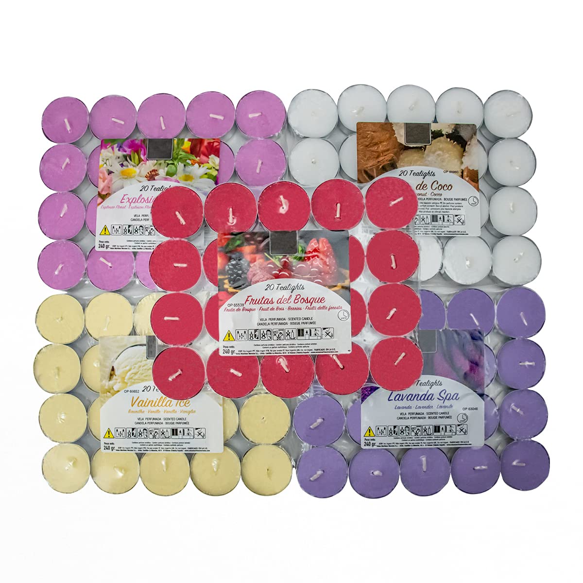 Besch Combinación de 100 Velas de té aromáticas 20 Explosión floral,20 Lavanda, 20 Coco, 20 Frutos Rojos, 20 Vainilla.(Cominación de 5 Aromas, 100 Velas)