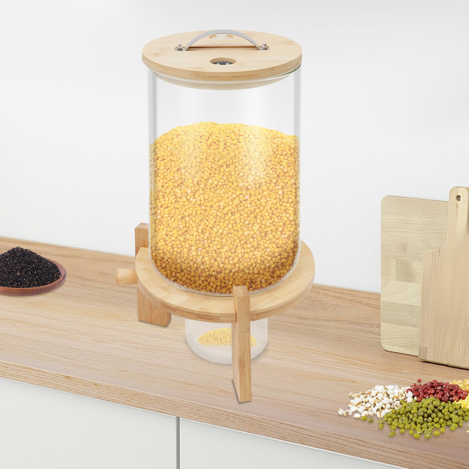 Distributore di cereali, distributore di cereali, dispenser per alimenti, in acciaio inox e vetro silicone bambù, ermetico, verticale, per riso, noci, caffè, snack, casa e hotel