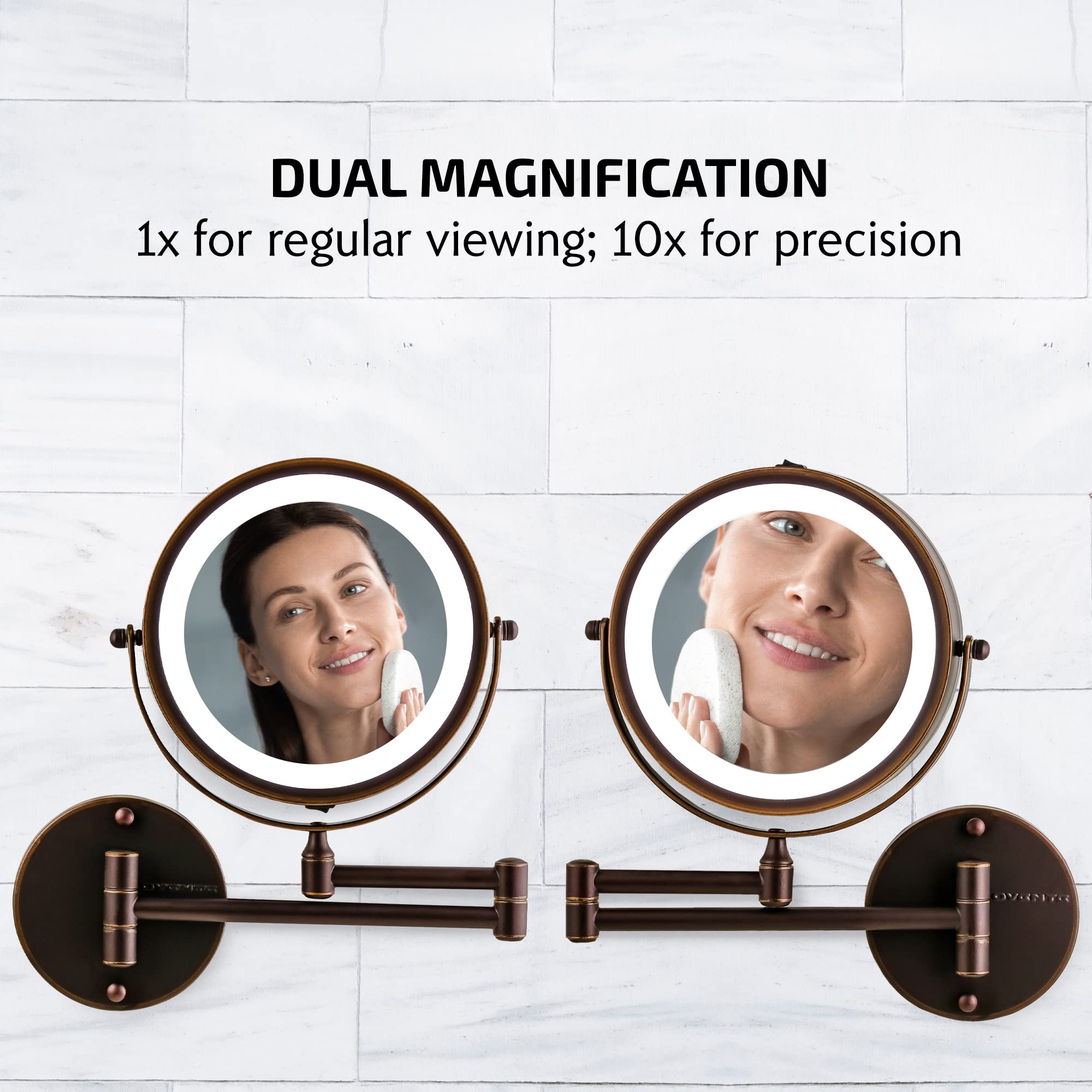 Ovente 7" Lighted Wall Mount Makeup Mirror, 1X & 10X Magnifier