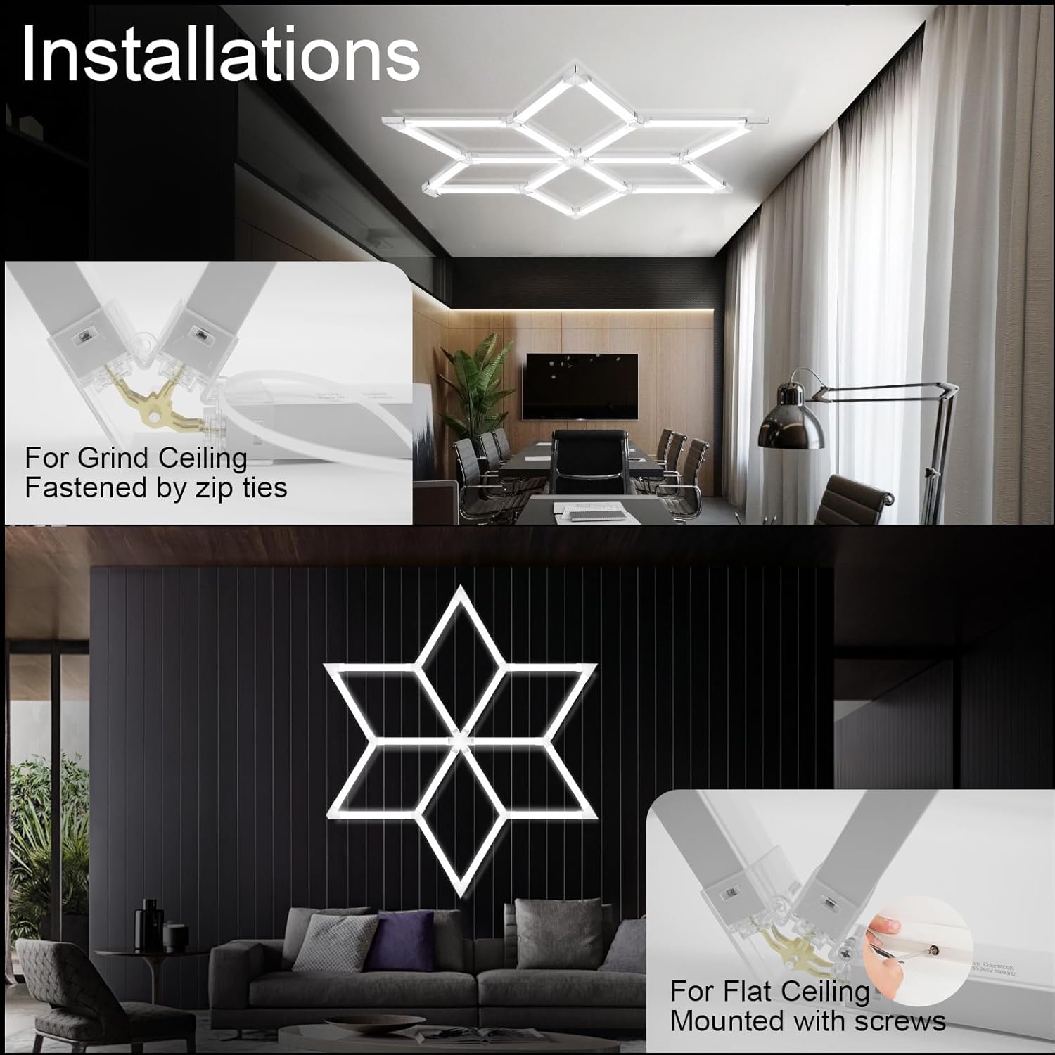 Hexagram Garage Lights 6 Rhombus, 126W 15120LM, 6500K Super Bright Hexagonal Diamond LED Ceiling Light for Garage, Workshop, Gym, Car Detailing Shop