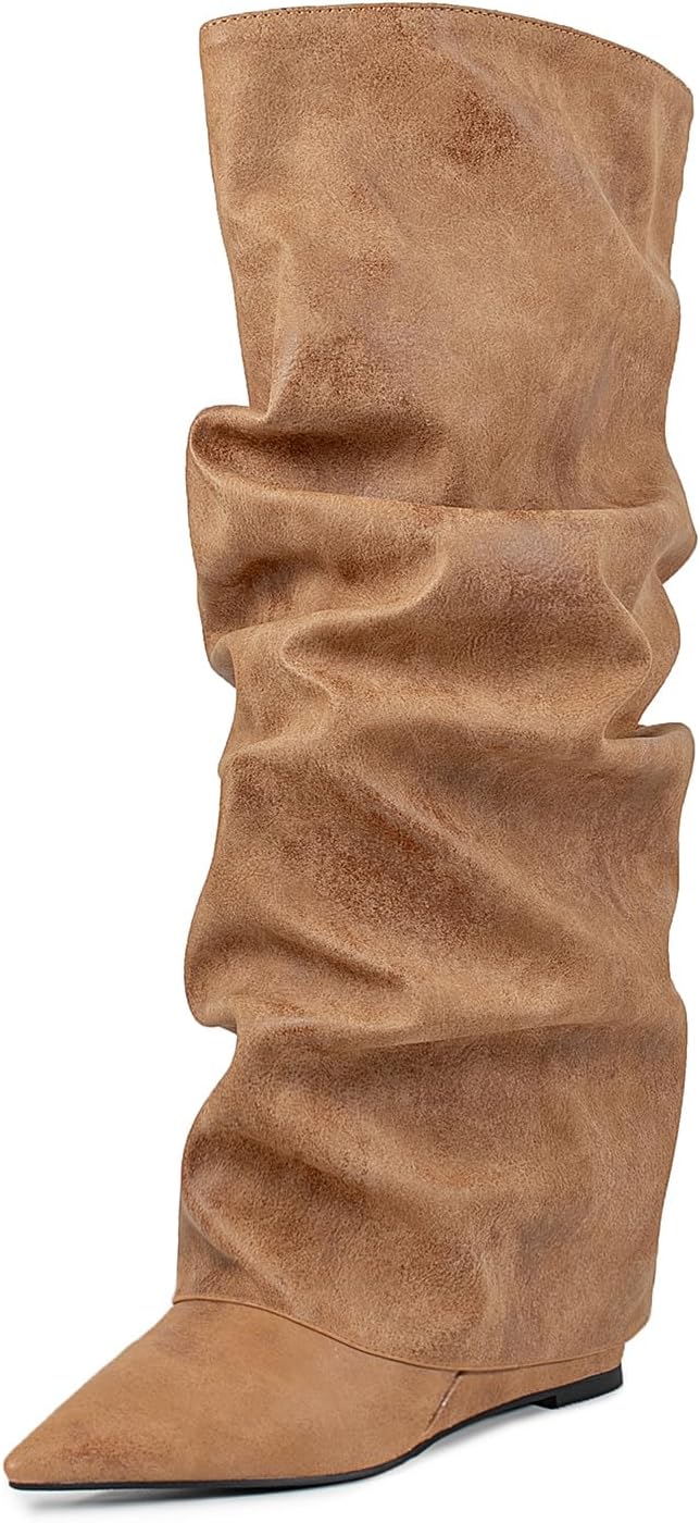 Burgundy Brown Pink Knee high boots Pointed-toe Fold Over Pleated Slip-on high wedge heels Slouchy Ruched Wide Calf Pull-on Tall Boot Dress boots - Image 7