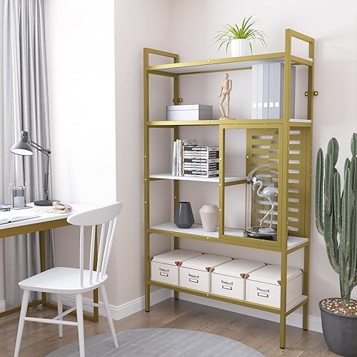 Miniatura 2 de Weehom Estantería industrial ajustable de 5 niveles, estante de madera y metal, estantes altos de pie de exhibición abierta, estantería rústica para