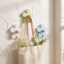 AceOrbit 3 Pcs Daisy Wall Hooks Wood, White, Green, Blue