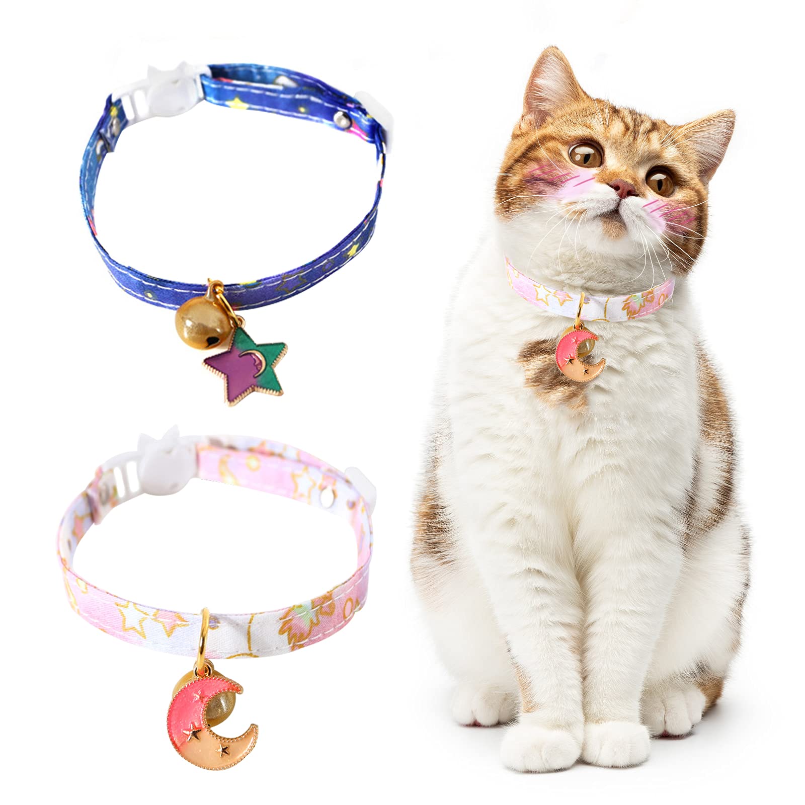 HACRAHO Breakaway Cat Collar with Bell, 2 PCS Adjustable Cute Kitty Collar with Bells Moon Stars Safety Breakaway Cat Collar for Cats Kittens Puppies, Pink and Blue