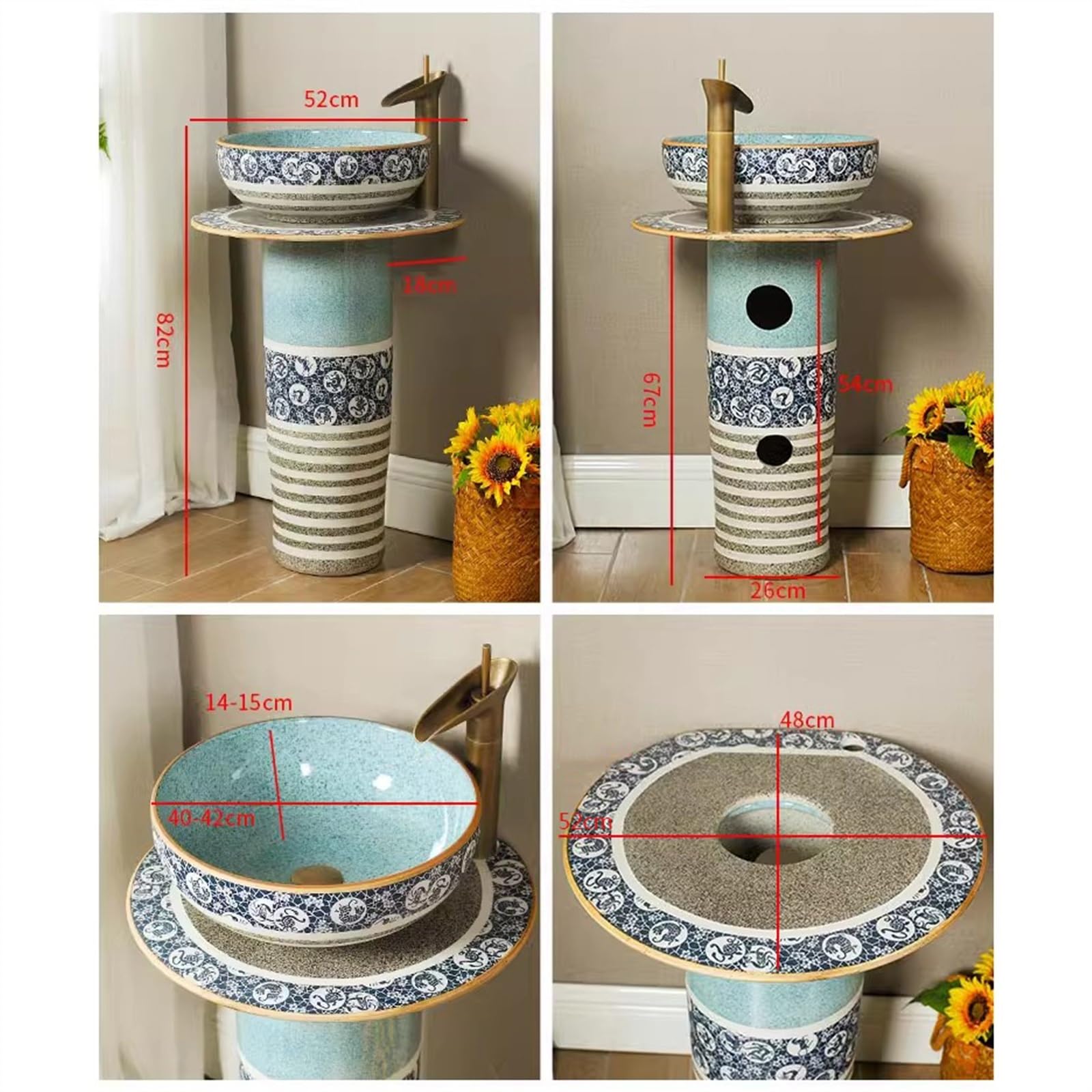 Zlewozmywak łazienkowy na cokole, retro i kreatywna ceramiczna umywalka kolumnowa, 3-częściowa umywalka łazienkowa z podstawą, umywalka podłogowa z kranami, zestaw s(B)
