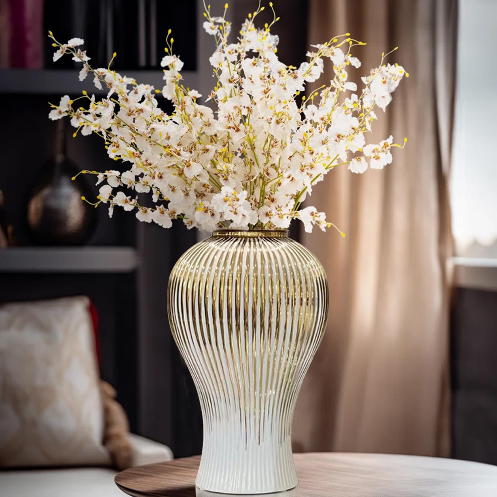 Ginger Jar, White Gold Ceramic Vase Large Handmade Porcelain Vases with Lid, White Gold Decorative Flower Vase for Home, Living Room, Weddings, Centerpieces (B-Large)