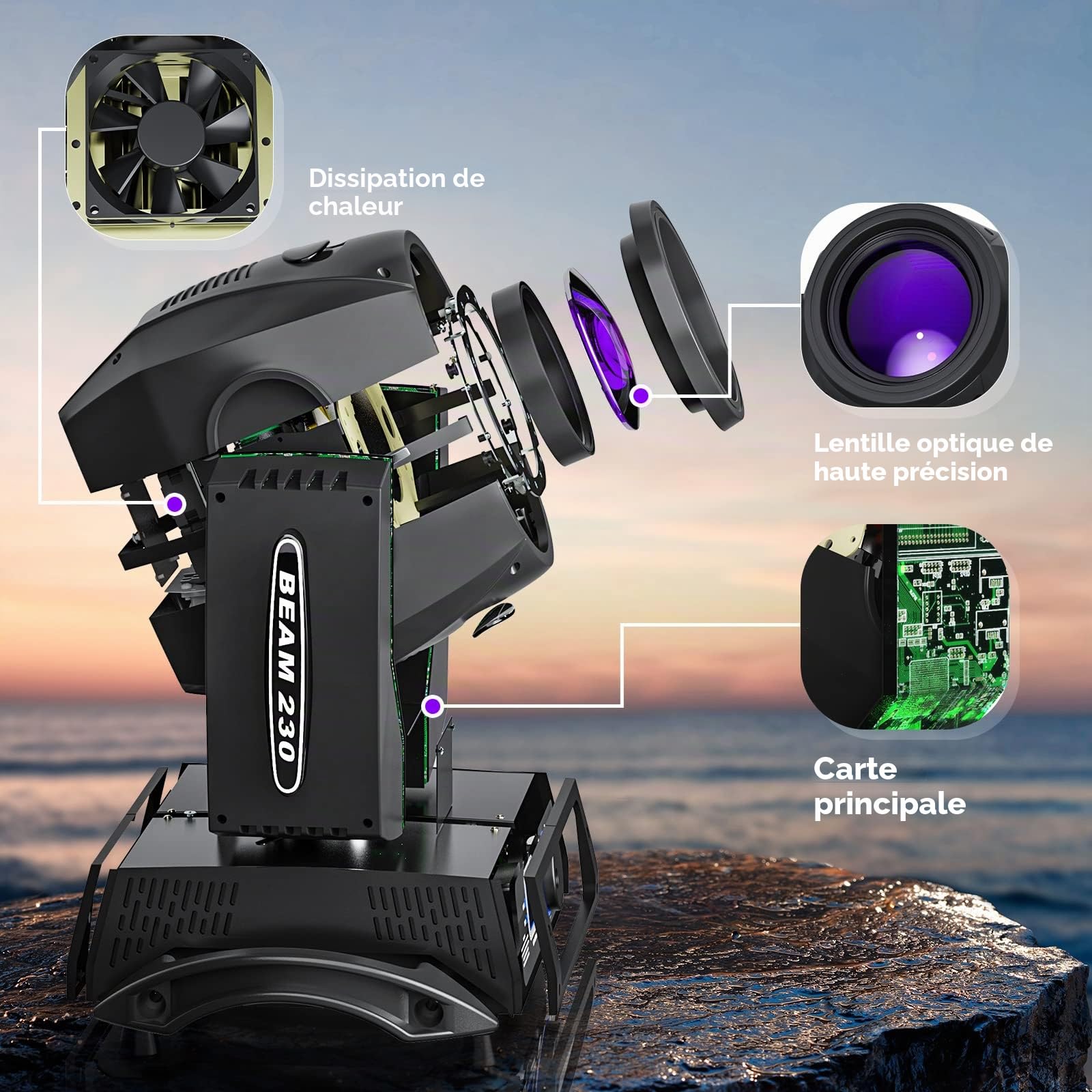 2PCS 230W 7R Beam Lyre LED avec flight case Lumières de scène 17 Gobos 14 Couleur 24 Prisme RGBW Moving Head Jeux de lumiere pour Disco Club Bar Mariage Noël