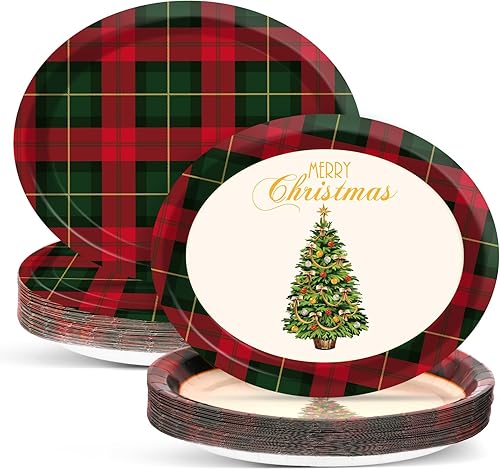 50 platos de papel ovalados de Navidad rojo y verde a cuadros grandes de 11 pulgadas desechables para Navidad, temática familiar, suministros de