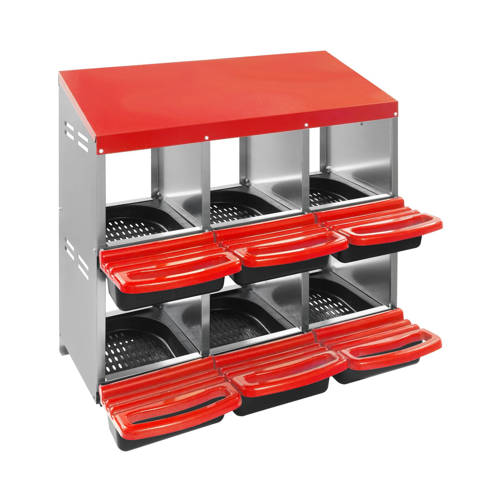 Nido de puesta para pollos, 6 compartimentos, nido de pollo, caja de metal, con compartimento de almacenamiento automático, 81 x 52 x 79 cm, ventilado, color rojo