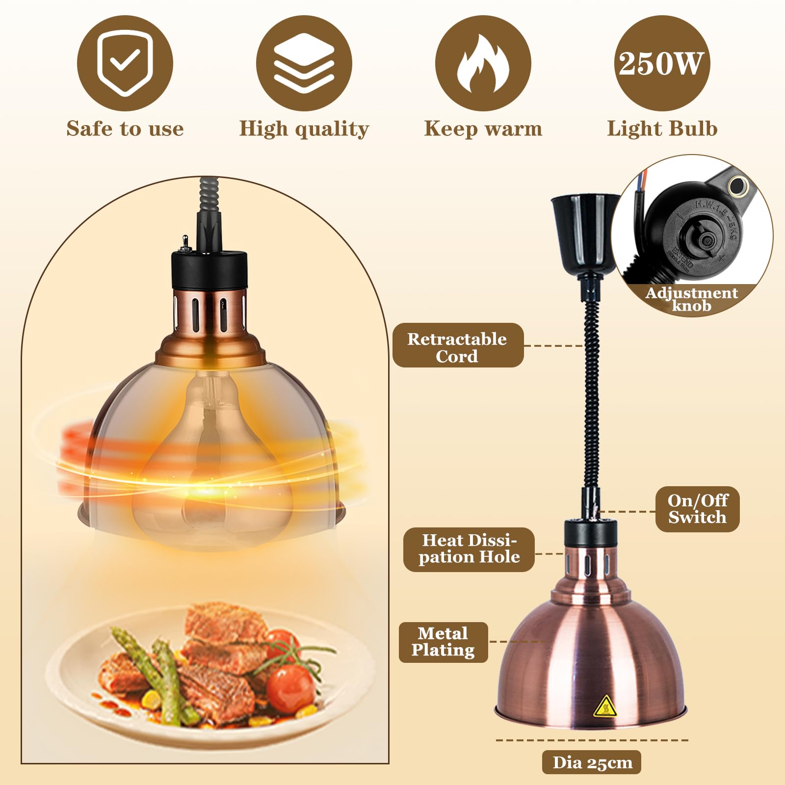Profesional Lampara de Calor Hosteleria, Altura Ajustable (D, 2piezas) | Lampara de Calor para Cocina, Lampara de Calentamiento de Alimentos con 250W Bombilla para Catering, Buffet