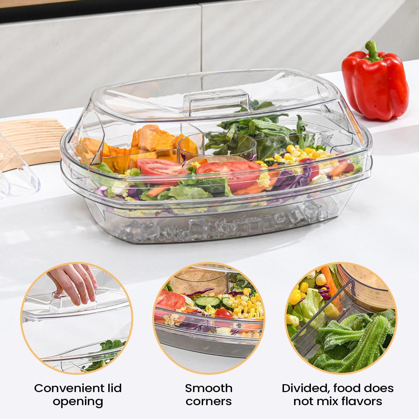 Bandejas de servir frías para fiestas, recipiente de 4 compartimentos para servir hielo con tapa, ideal para camarones, cócteles, aperitivos, postres, frutas, verduras y mariscos