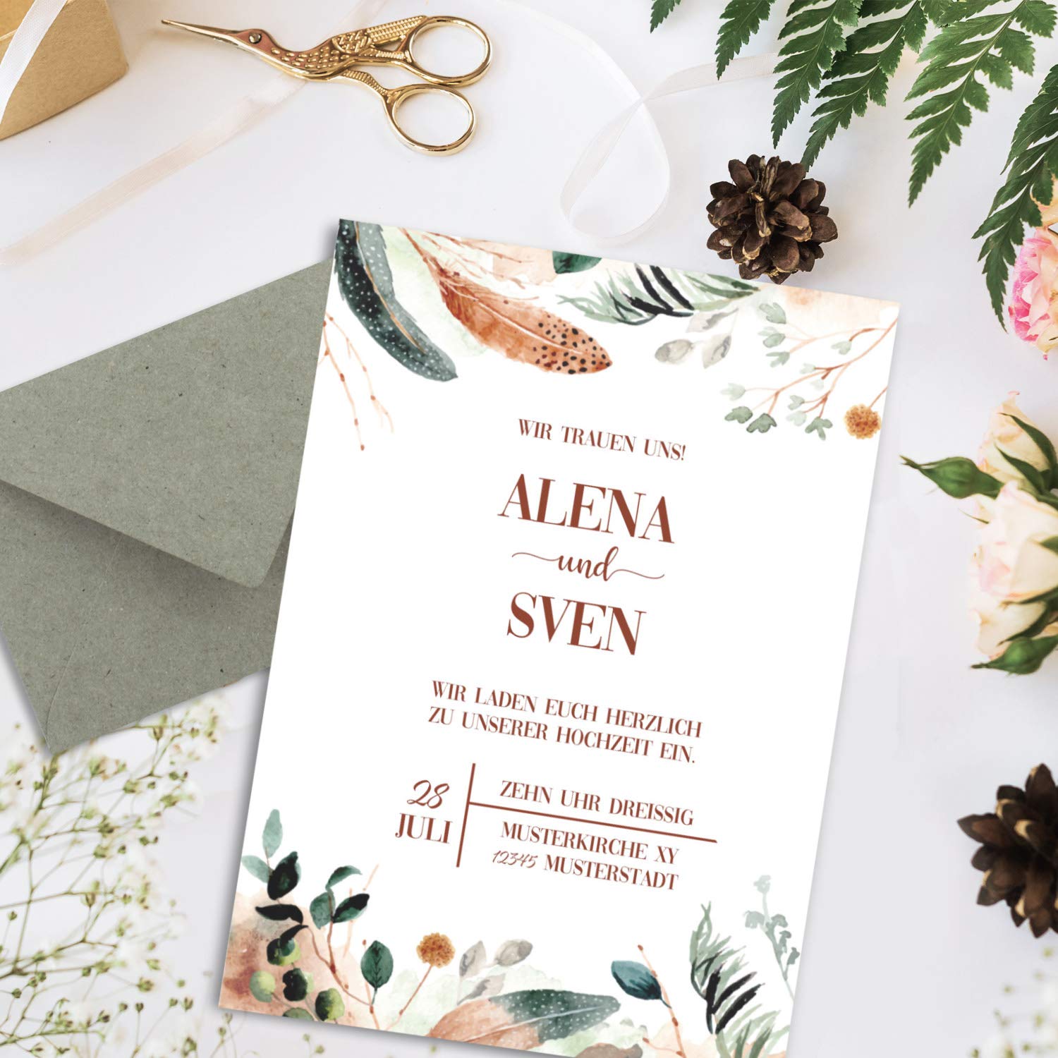 200 juegos de cartas DIN A4 - papel natural en popurrí natural crema con plumas y ramas - con sobres DIN C6 en papel kraft gris y verde papelería imprimible ideal para invitaciones de boda
