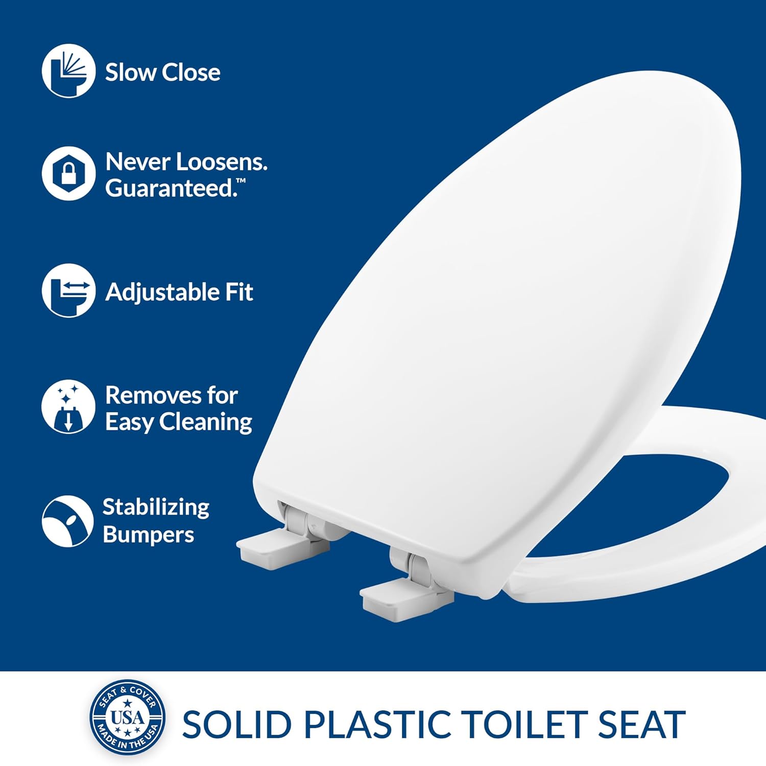 Mayfair Aurora Slow Close Toilet Seat, Easy Clean Hinges and Adjustable Perfect Fit Plastic Seat, Made in USA, Elongated, White Elongated Traditional Hinge