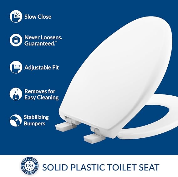 Bemis Aurora Slow Close Toilet Seat, Easy Clean Hinges and Adjustable Perfect Fit Plastic Seat, Made in USA, Elongated, White
