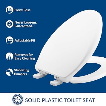 Bemis Aurora Slow Close Toilet Seat, Easy Clean Hinges and Adjustable Perfect Fit Plastic Seat, Made in USA, Elongated, White