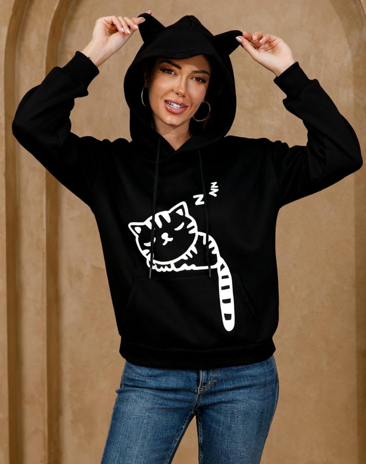 Women Girl Hoodies Cute Cat Ear Novelty Printed Pullover Sweatshirt - Image 3