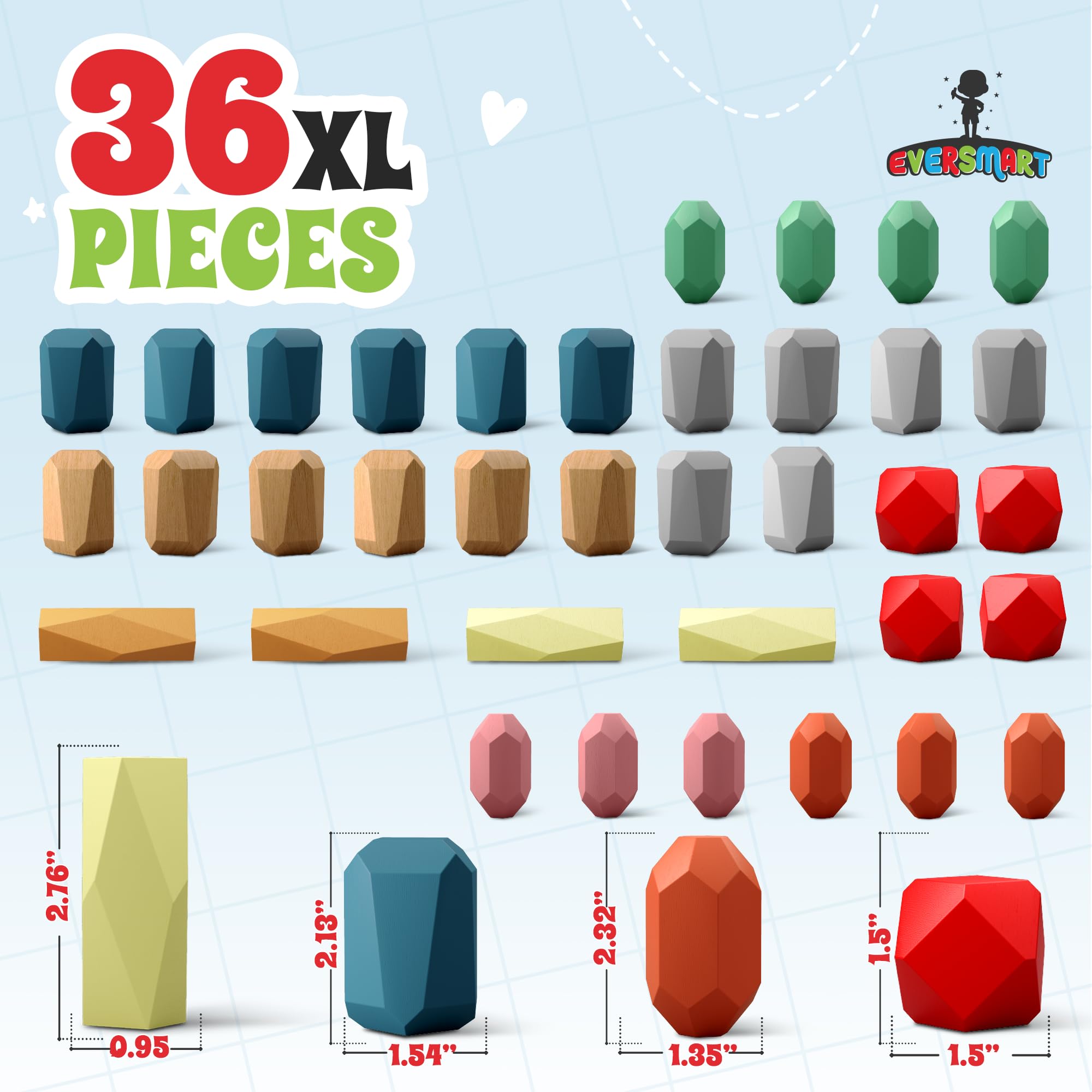 36 bloques apilables de madera – Juguetes Montessori para niños y niños de 1, 2, 3, 4, 5, 6 años, rocas XL, sin peligro de asfixia, piedras de construcción STEM sensoriales, para niñas y 6