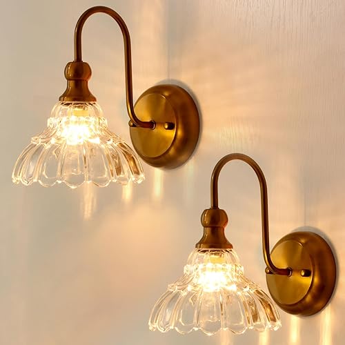 lobolighting Juego de 2 apliques de pared vintage con pantalla de vidrio, apliques de latón dorados para tocador de baño, accesorios modernos de
