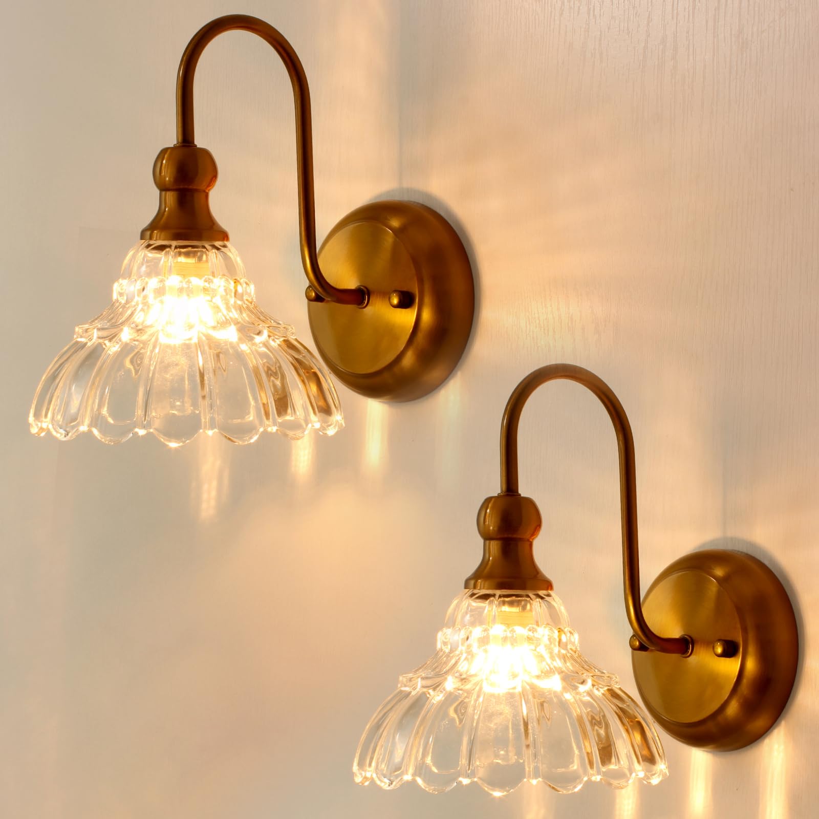 lobolighting Vintage Wall Sconce Set of 2 with Glass Shade Brass Sconces Gold Bathroom Vanity Light Fixtures Modern Wall Lighting Fixture for Bedroom Bedside Door Header