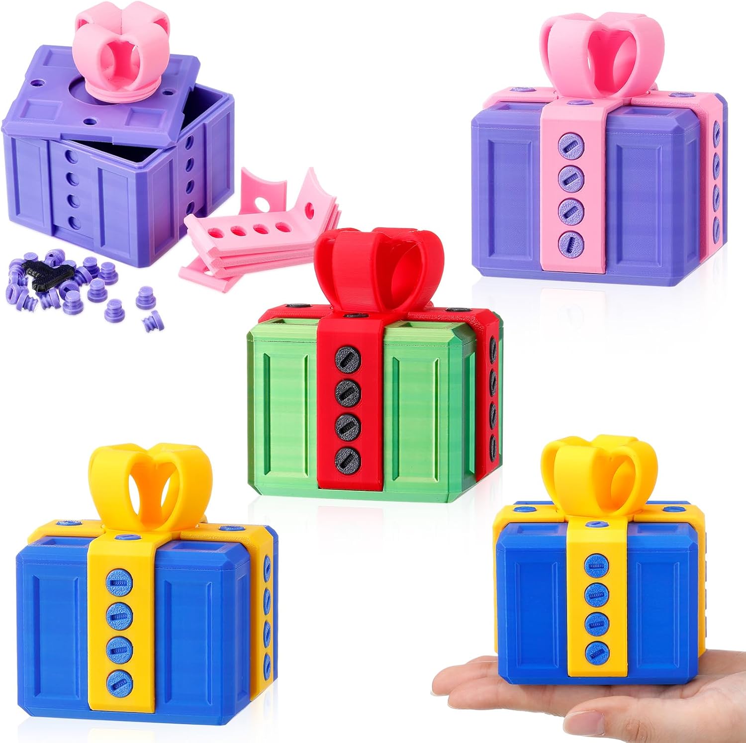 Leinuosen 3 Pack Annoying Nesting Gift Box with Screws, 3D Funny Prank Gift Box, Novelty Hilarious Money Card Container for Christmas Birthday Wrapping (Pink Purple,Blue Yellow,Green Red)