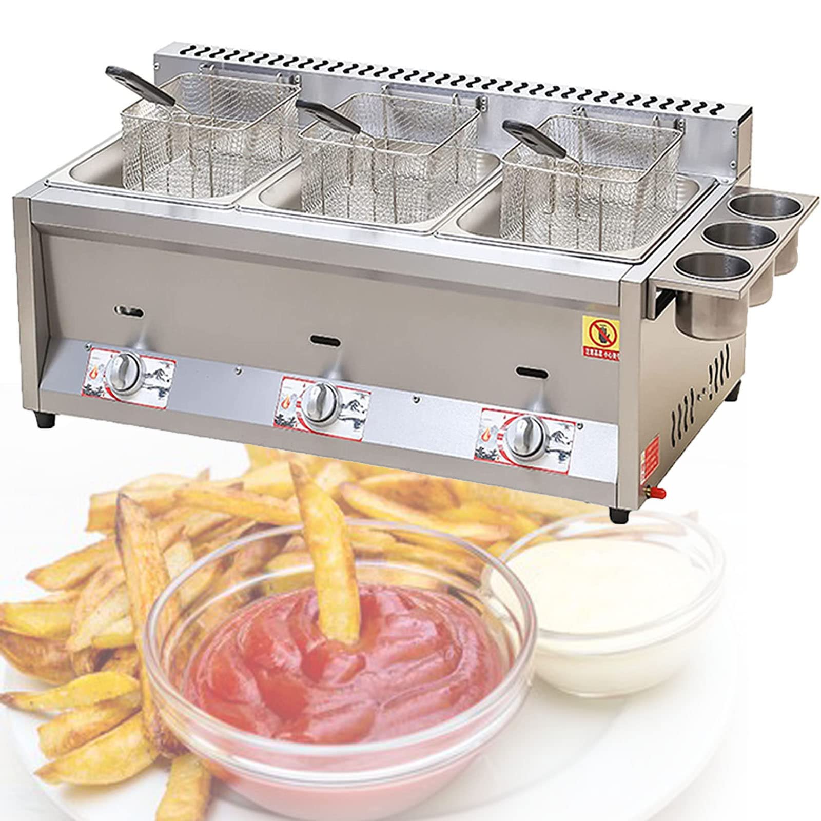 Aserzenith 1 Deep Fryers,Commercial Deep Fryer,3-Cylinder Gas Fryer W/ 3 Fry Baskets Countertop Kitchen Stainless Steel Frying Machine For French Fry Restaurants Supermarkets Fast Food Stands
