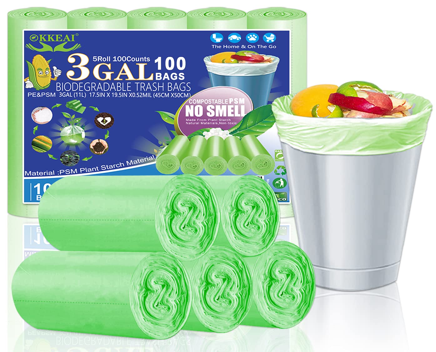 OKKEAI 3 Gallon Small Trash Bags 100 Counts Small Trash Can Liners Garbage Bags Mini 10L Wastebasket Bin Liners Bags for Bathroom Kitchen Bedroom Living Room Office,Green
