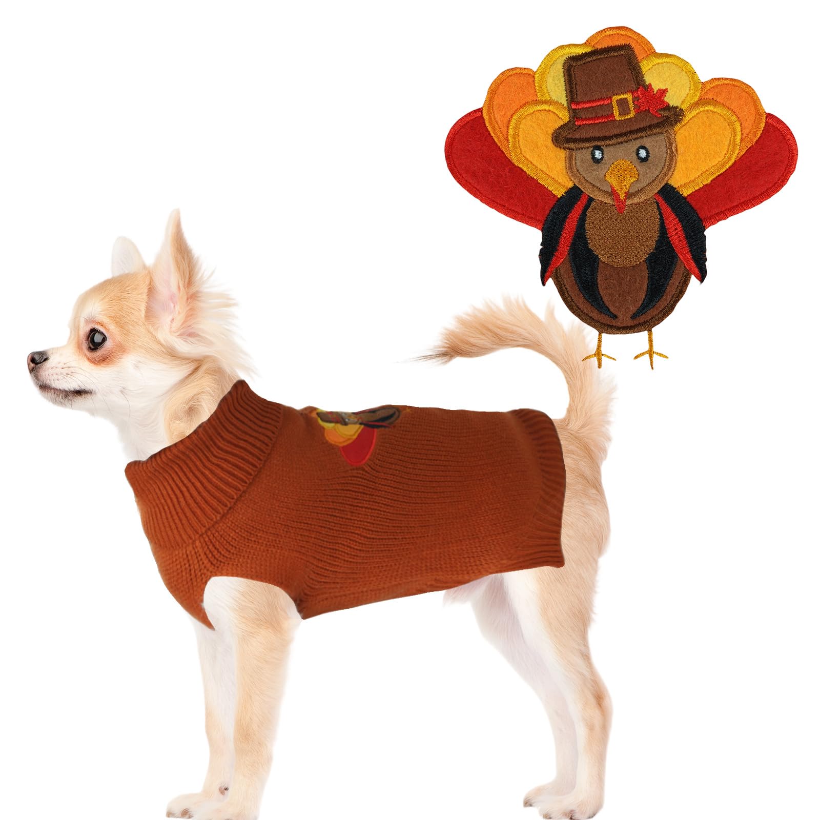 DELIFUR Thanksgiving Dog Turkey Sweater - Cat Turtleneck Knitted Sweater with Leash Hole Thanksgiving Outfit for Cat Puppy Fall Color (Brown2#, Small)