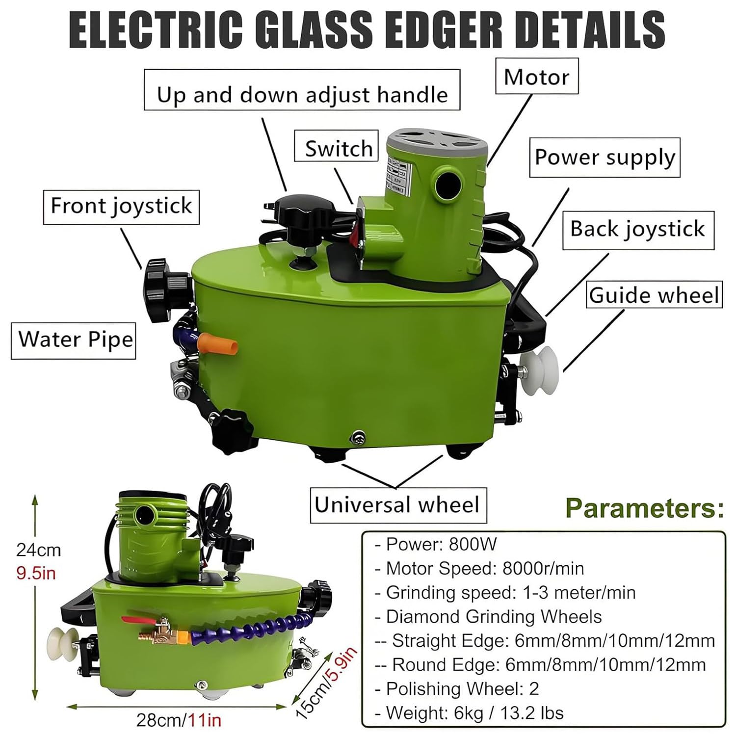 Qiang Molatrice Elettrica per Bordi in Vetro 800 W,Molatrice per Bordi in Vetro Bisellati E Dritti 8000 Giri/Min,Molatrice per Lucidatura Bordi in Vetro,con 8 Mole Diamantate Green Allsizes