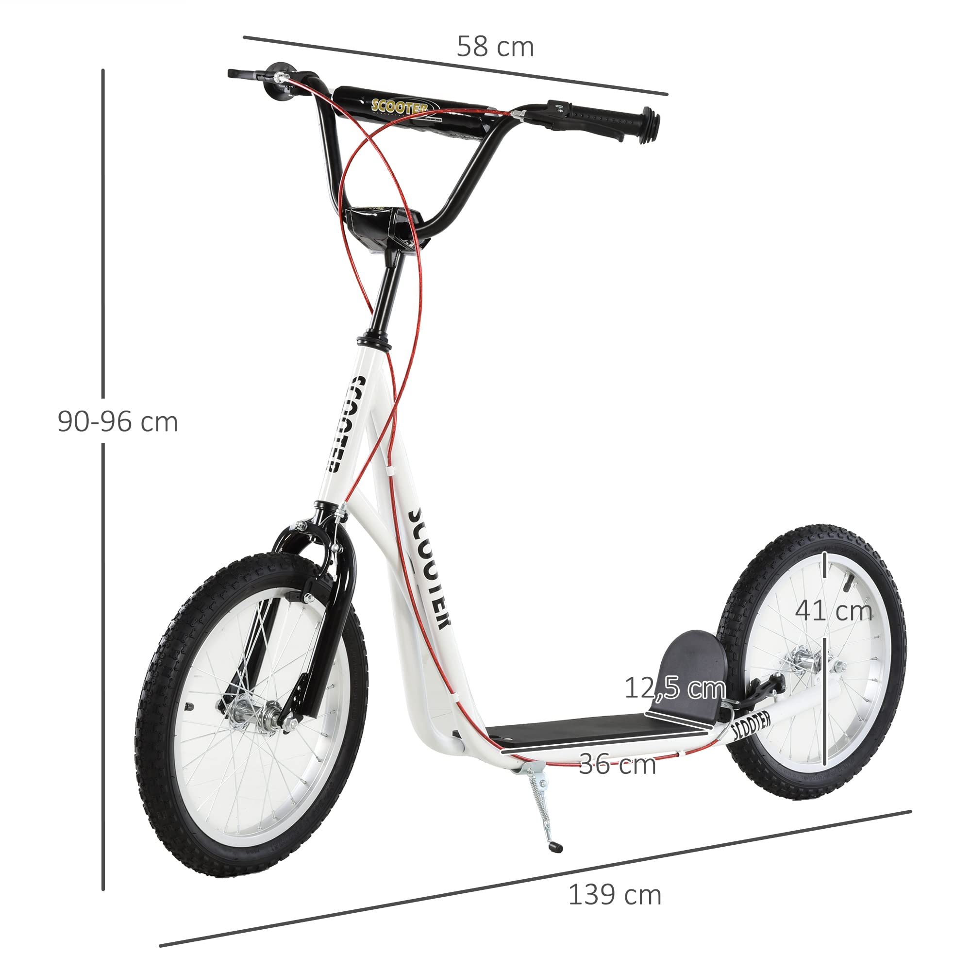 HOMCOM Patinete para Niños +5 Años, Patinete Infantil de 2 Ruedas, con Manillar Ajustable en Altura, 2 Neumáticos de Caucho Inflable, Doble Freno, Carga 100 kg, 139x58x90-96 cm