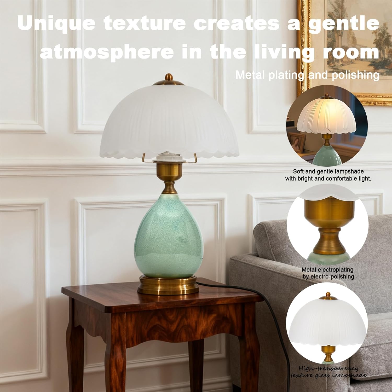 Table Lamps Ceramic Retro Lamp for Living Room,16.73" Modern Bedside Nightstand Traditional Lamps, Classic Chinoiserie Green Glass Lamp for Home (French Country)