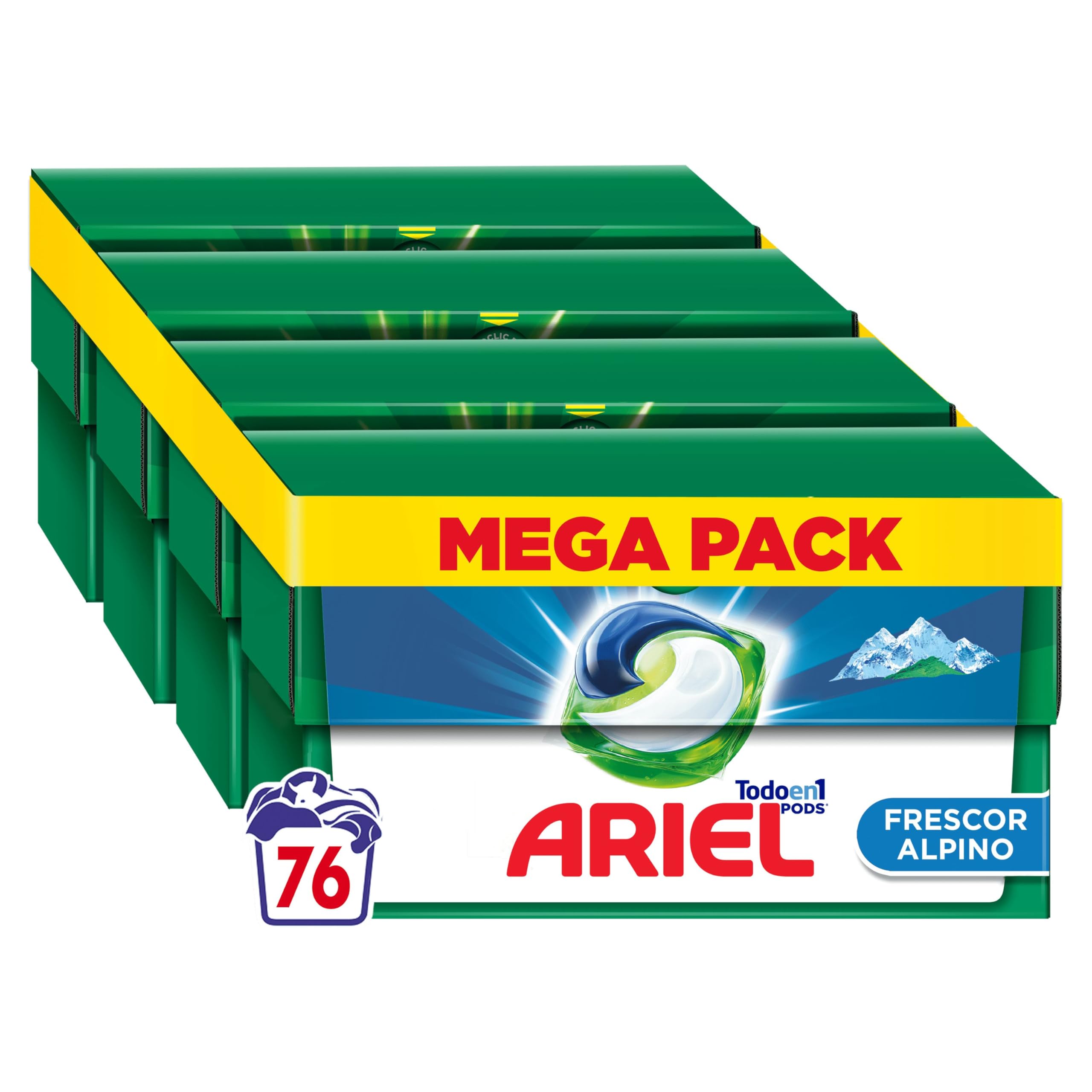ARIEL PODS Todo en 1 Detergente Lavadora Liquido en Capsulas/Pastillas, 76 Lavados (4x19), Jabon Limpieza y Frescor Alpinos, 5 Acciones para una Limpieza Brillante en Frio