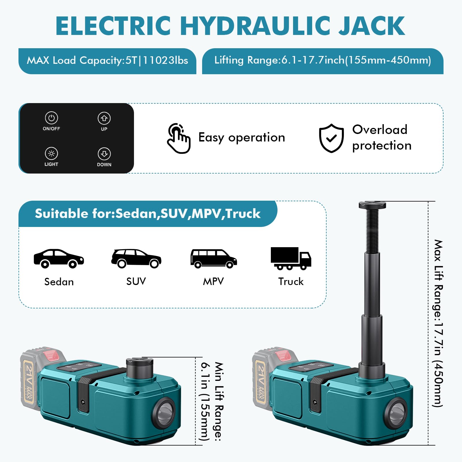 Gato hidráulico 5T, Gato hidráulico Compatible con batería Makita de 18 V | Bomba Inflable y luz LED, 150 – 450 mm, Elevador de Coche para Coche, SUV, sedán, MPV, Cambio de neumáticos