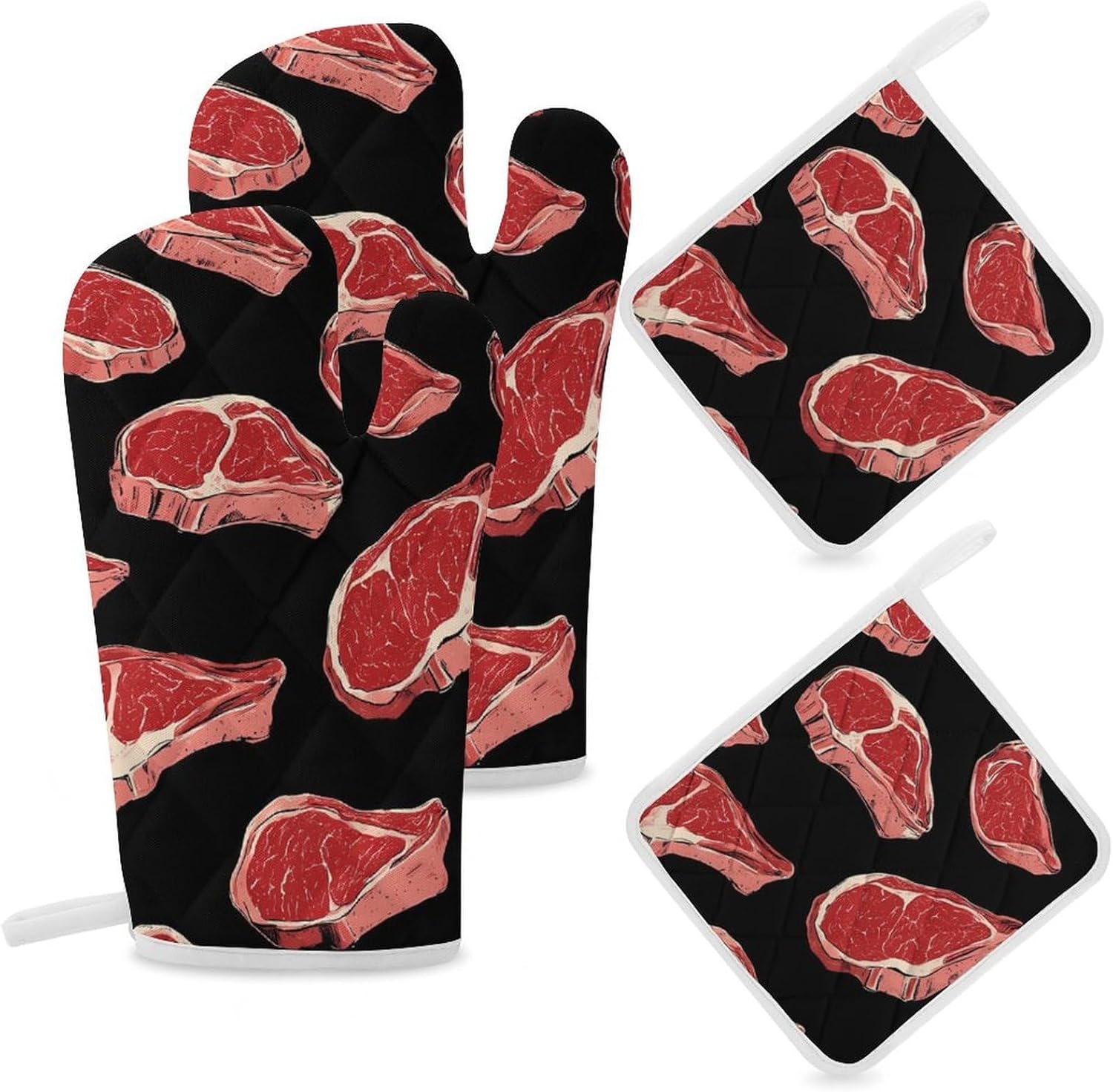 Meat Red Steaks Oven Mitts and Pot Holders 4Pcs Set Heat Resistant Cooking Mitts Hot Pads
