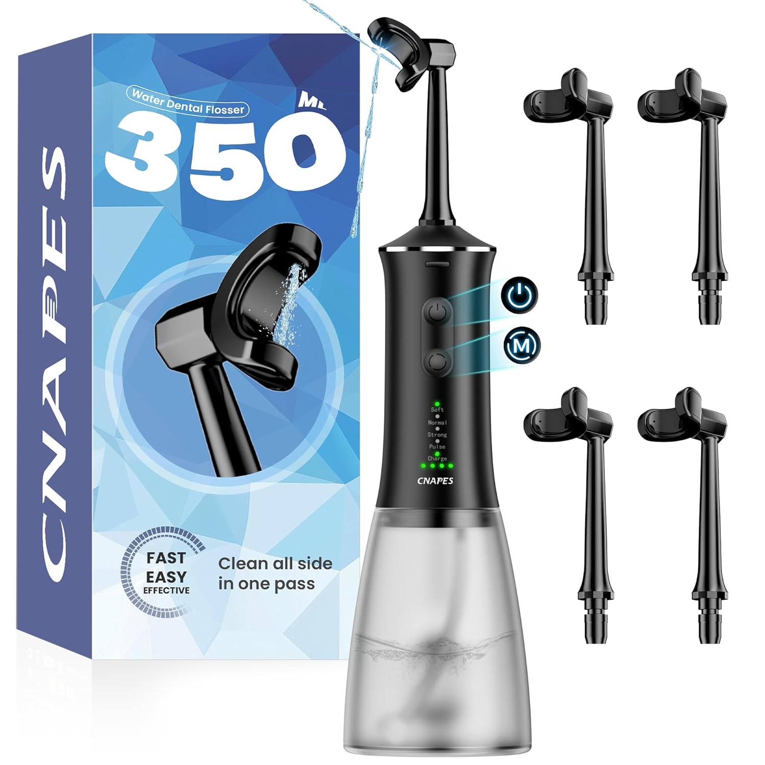 Cordless Water Flosser for Teeth 4 Pressure Settings 360 Clean with 4 U-Shaped Flossing Heads IPX7 Waterproof 30-Day