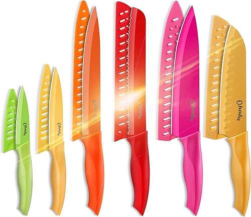 OHOLA - Juego de cuchillos de cocina de 12 piezas, juego de cuchillos de acero inoxidable con mango ergonómico de plástico, 6 cuchillos con 6 fundas
