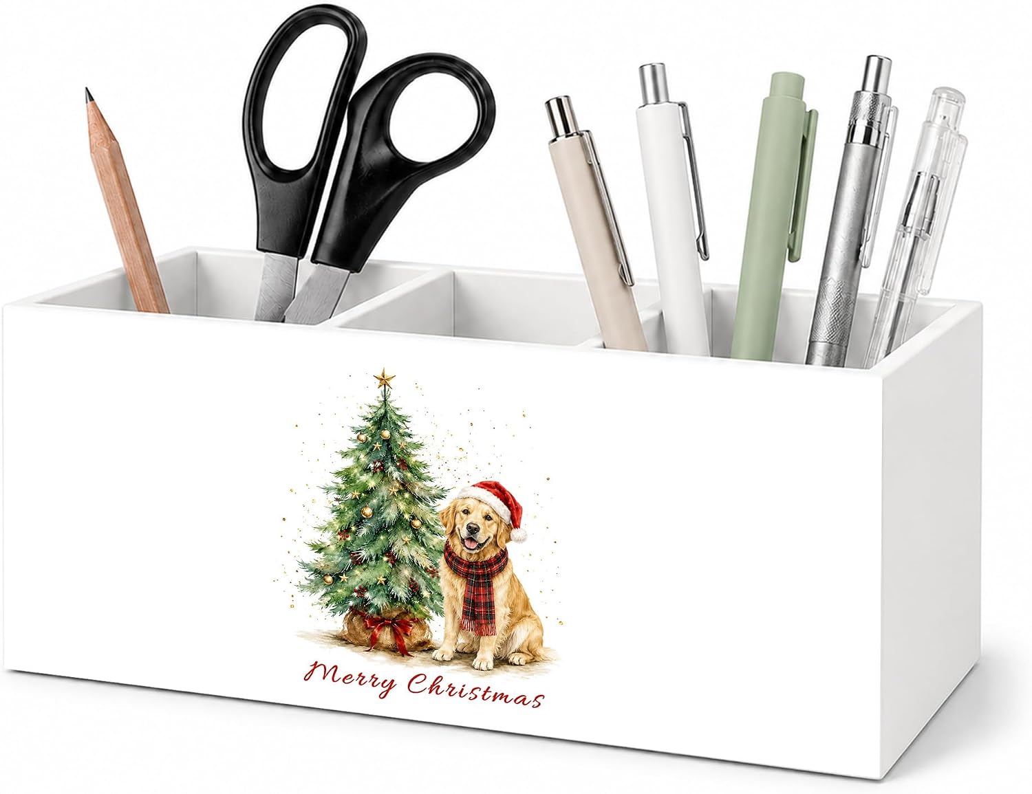 VNWEK Merry Christmas Golden Retriever Pen Holder Desk Organizer