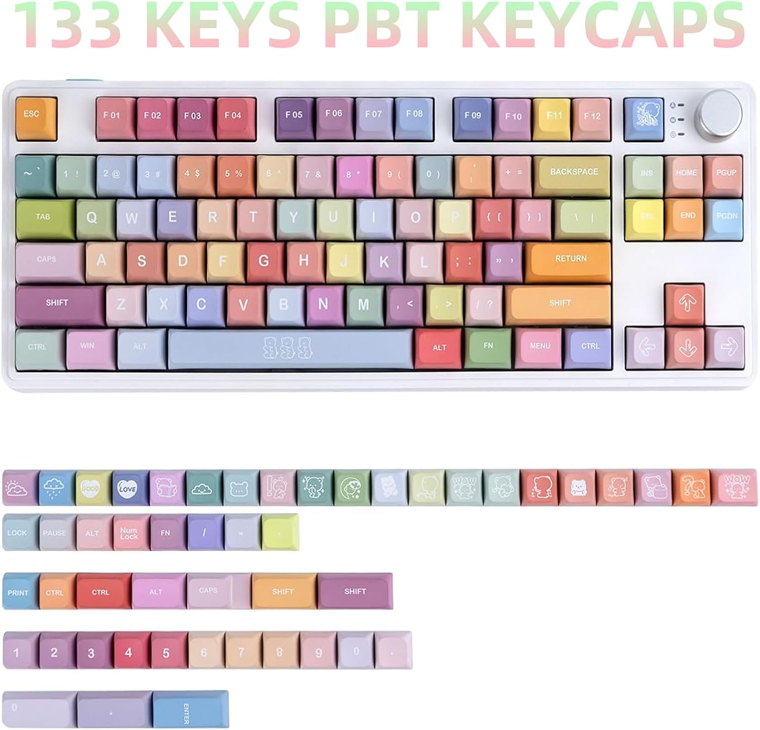 Custom Keycaps, 133 Keys Candy Bear Cute Keycap, Dye Sublimation PBT Key Caps, XDA Profile Keycaps Set for Cherry MX Gateron Kailh Switches Mechanical Keyboards 61/64/68/84/87/104/108