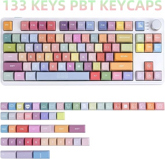PBT Custom Keycaps, Candy Bear Cute Keyboard Keycaps | Dye Sublimation XDA Profile Keycaps Set 133 Keys for Cherry MX Switches Mechanical Keyboards 61/64/68/84/87/104/108