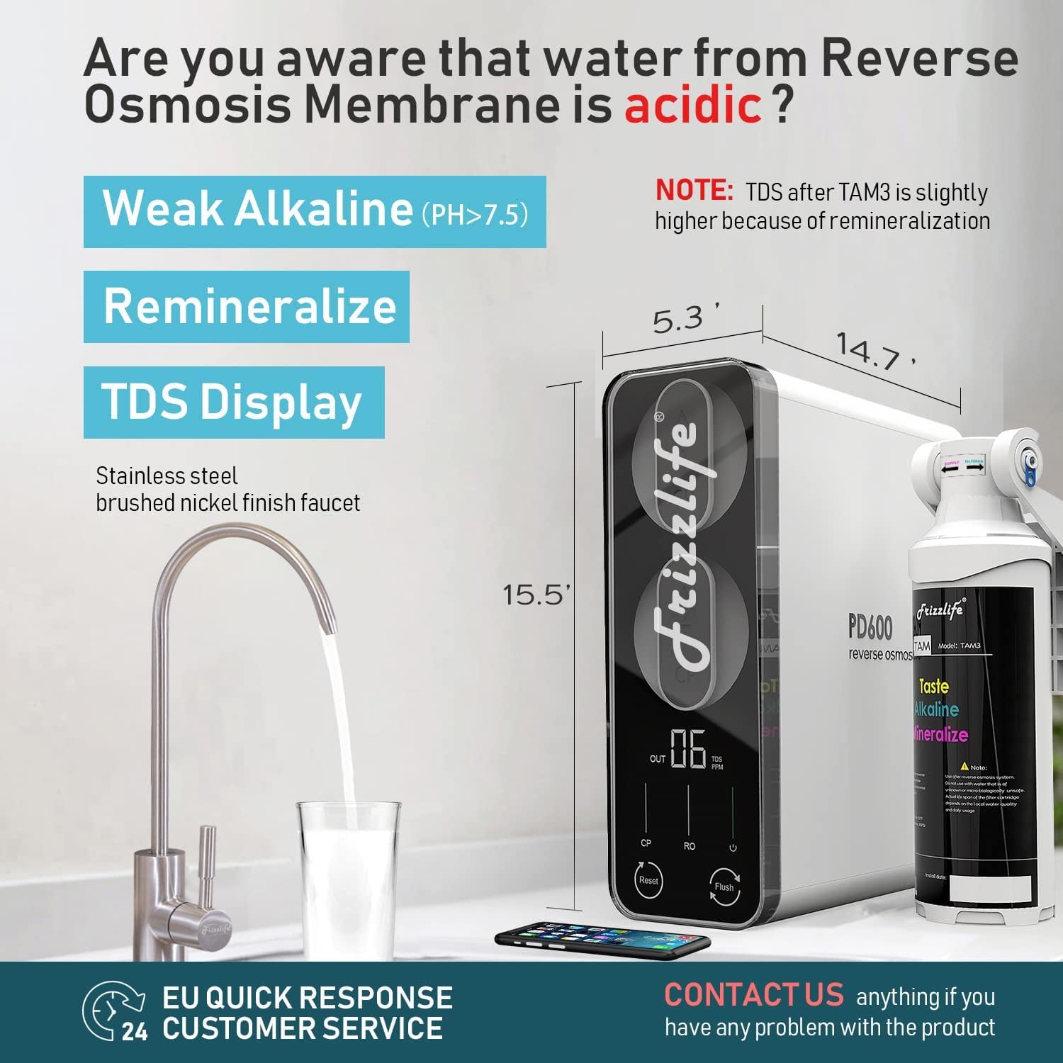 Frizzlife PD600 - Depuratore Acqua Sottolavello, Osmosi Inversa con Rimineralizzazione Alcalina, Rapporto di Scarico 2:1, Filtro Acqua Potabile Senza Serbatoio, con Rubinetto in Acciaio Inox