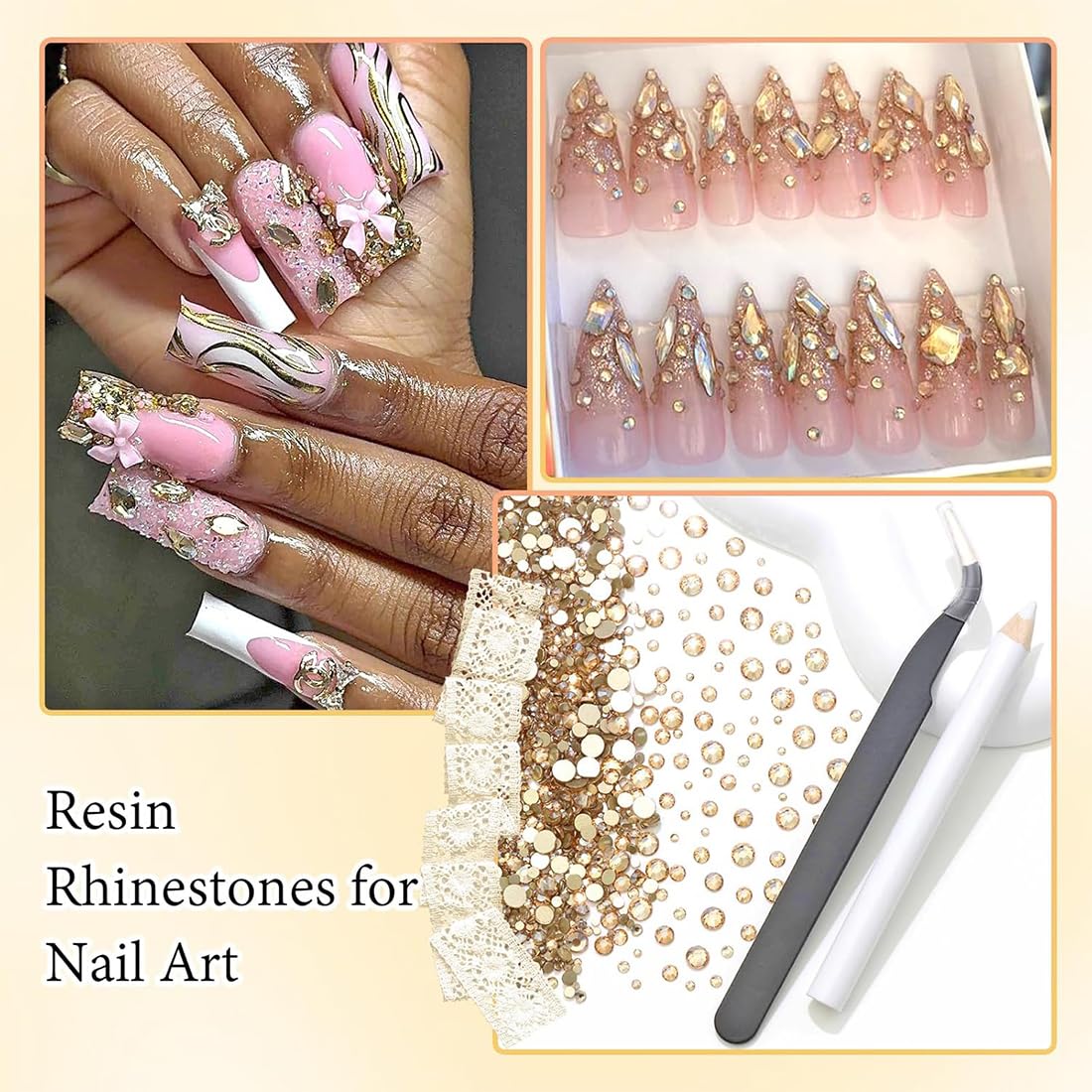 Strass Nail Art, 1440 x Gems à Dos Plat Rond Cristal Strass, 6 Tailles Strass Nail Art, avec Pincette Pick Up et Stylo Pointeur Strass pour Nail Art et la Décoration de Bijoux, Champagne doré