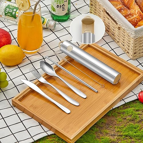 Miniatura 6 de YBOBK HOME Juego de cubiertos portátiles con estuche, cuchillo de acero inoxidable, tenedor y cuchara, utensilios reutilizables, cubiertos de