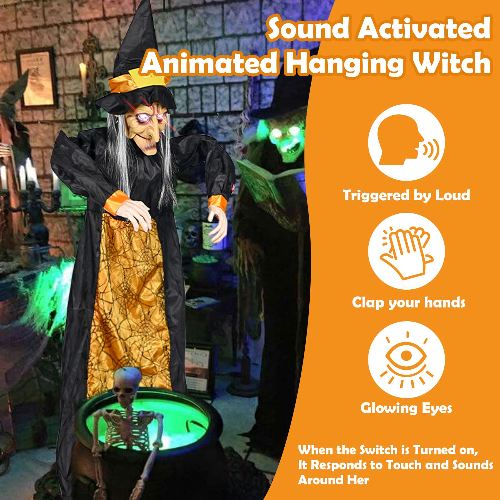 178cm Hängende Halloween Hexe | Mit Sound & Leuchtenden Augen | Gruseldekoration Für Haus & Garten