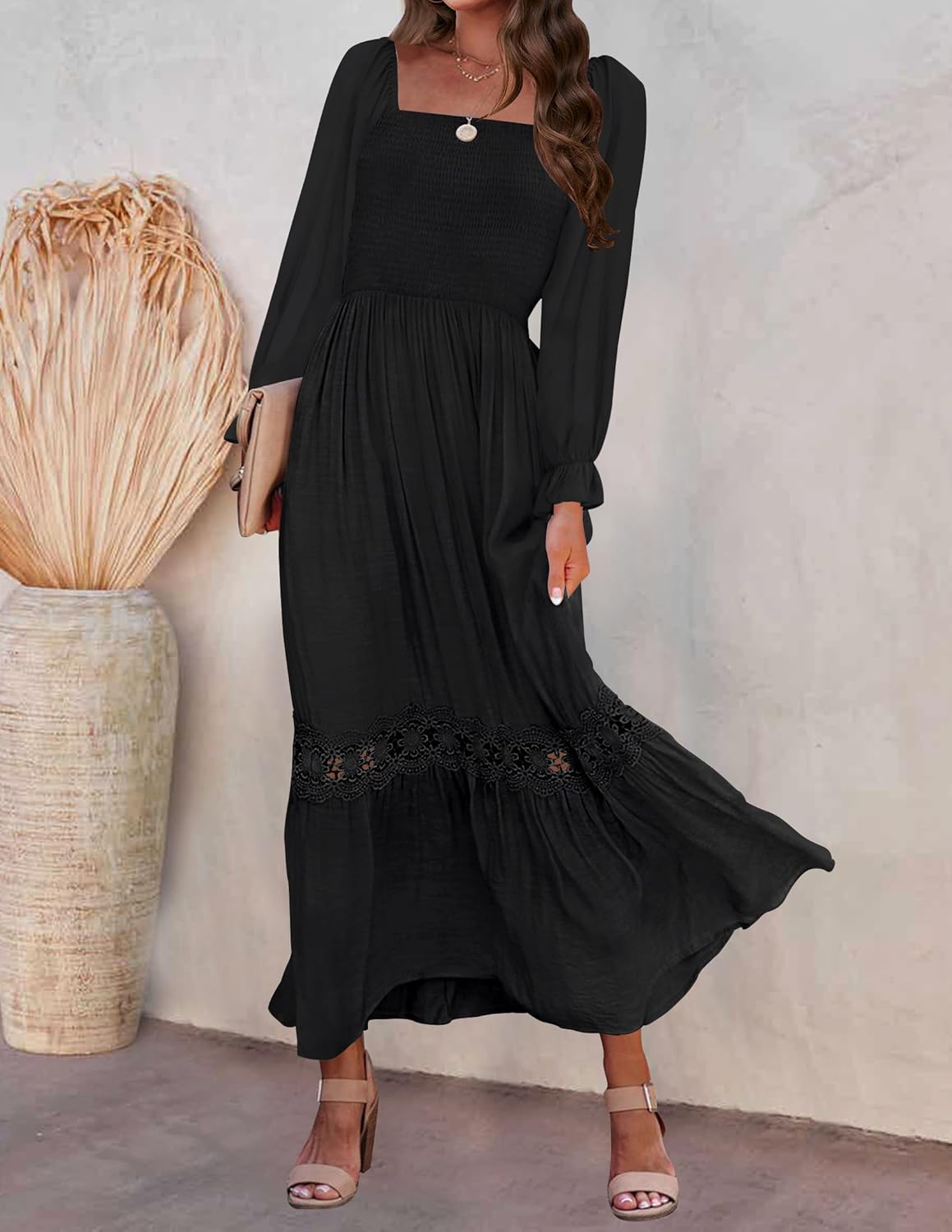 ZESICA Women's 2026 Boho Long Sleeve Square Neck Smocked High Waist Flowy A Line Lace Trim Maxi Dress - Image 3